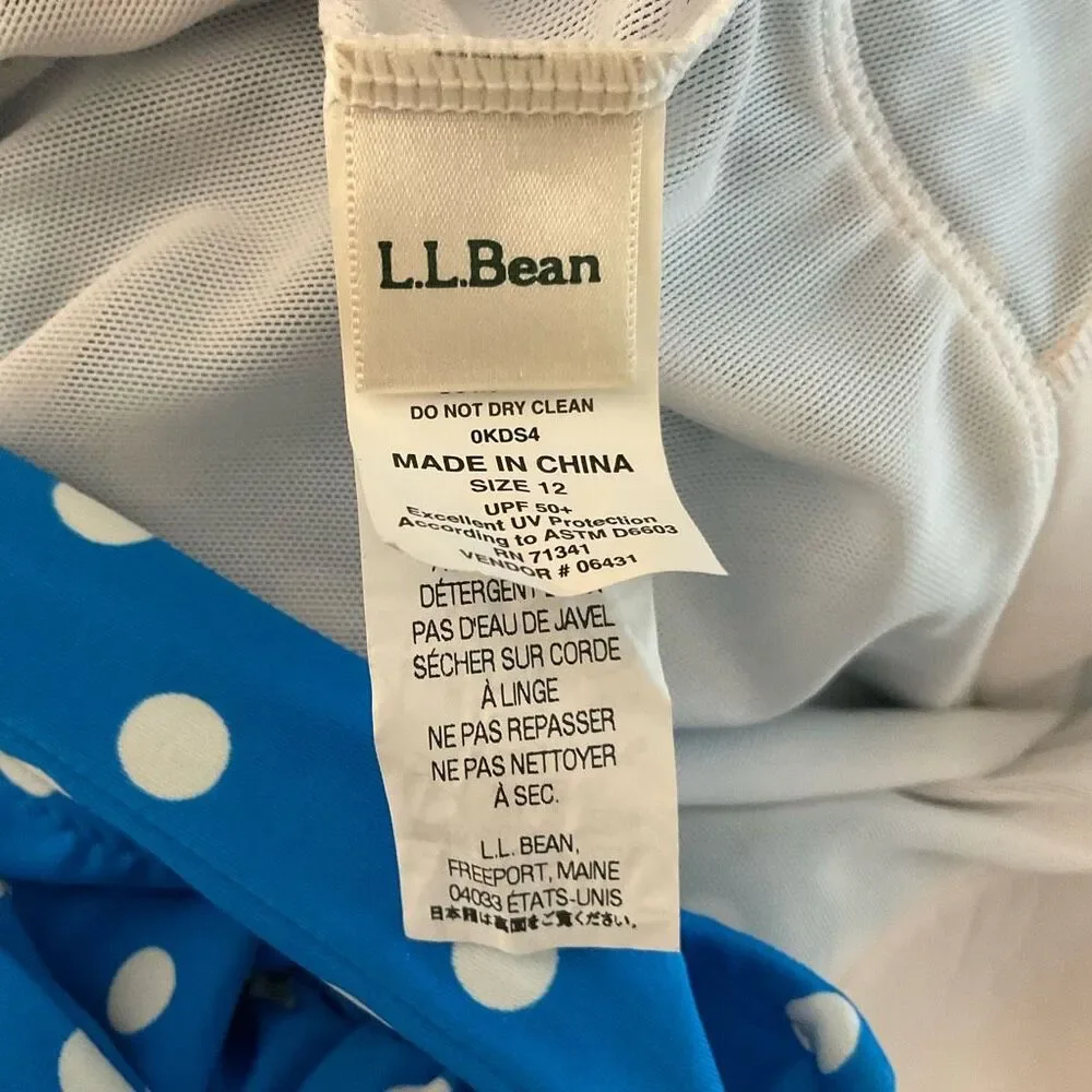 LL‎ Bean One Piece Swim Suit Womens 12 Blue Polka Dot Padded Sleeveless UPF 50+
